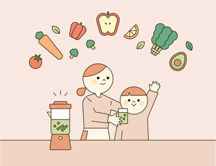 A mother is making her child drink juice made from various vegetables and fruits. flat design style vector illustration.