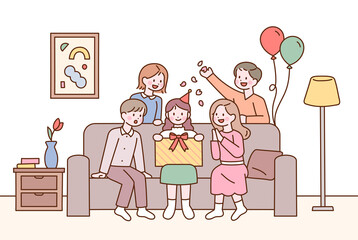 Friends are sitting together on the sofa in the living room and celebrating a birthday. flat design style vector illustration.