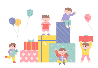 Cute children are having fun around a large gift box. flat design style vector illustration.