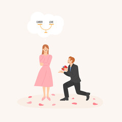 A man in a suit is making a proposal. A woman is thinking about her lifestyle. flat design style vector illustration.