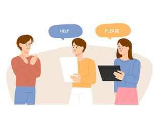 Two people are asking for business help and the other is making a gesture of refusal. flat design style vector illustration.