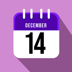 December day 14. Number fourteen on a white paper with purple border on a pink background, calendar sheet. Vector illustration.