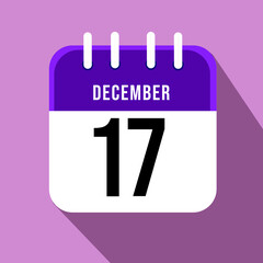 December day 17. Number seventeen on a white paper with purple border on a pink background, calendar sheet. Vector illustration.