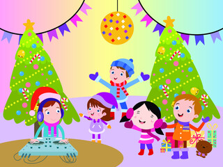 Christmas party vector concept. Group of children cartoon character celebrating christmas day by enjoying music party with christmas tree background