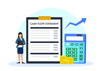 Cash flow vector concept: Businesswoman checking cash flow statement while using laptop with calculator 