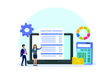 Cash flow statement vector concept: Businesswoman and businessman checking cash flow statement on laptop together 
