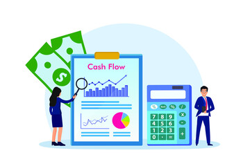 Cash flow vector concept: Businesswoman looking at diagram of cash flow while young man calculating 
