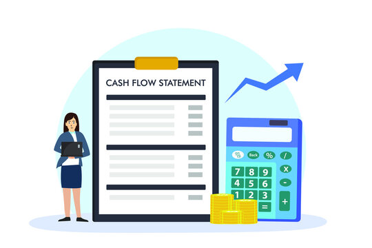 Cash flow vector concept: Businesswoman checking cash flow statement while using laptop with calculator 