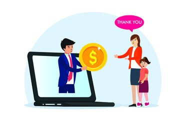 Obraz na płótnie Canvas Donation vector concept: Young man giving donation to young mother and little girl while holding money on laptop