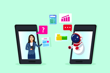 Tax online vector concept: Young woman consulting tax with robot on mobile phone while holding paperwork