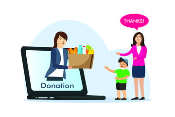 Donation vector concept: Young woman giving foods to mother and little boy while using laptop 
