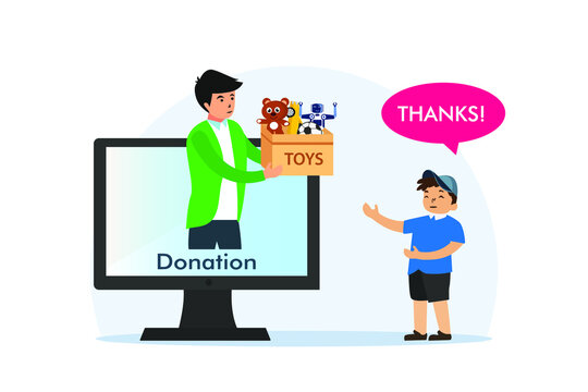 Donation vector concept: Young man giving donation to little son while holding toys on computer screen 