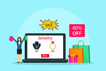 Woman buys a lot of jewelry from shop with 40 percent discount vector illustration flat design