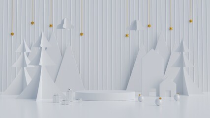 Minimal scene with geometric cylinder podium on white background.Merry christmas and happy new year presentation.3d rendering illustration.