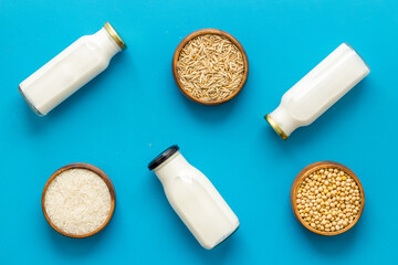 Non dairy vegan milk with nuts and cereals. Diet nutrition concept