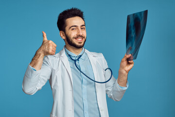 radiologist x-ray examination hospital patient treatment blue background