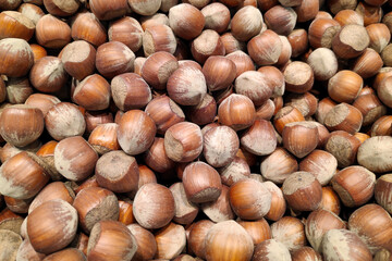 Stack of hazelnuts on a market stall
