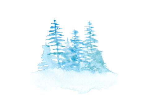 Watercolor foggy trees landscape isolated on a white background. Blue fog illustration. Pine trees clipart. Hand-drawn winter forest. Soft natural scene. Beautiful landscape background.
