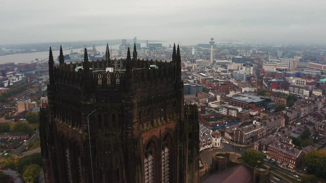 Aerial view of the Liverpool Cathedral or Cathedral Church of Christ of the Risen Christ on St James Mount in Liverpool, UK
