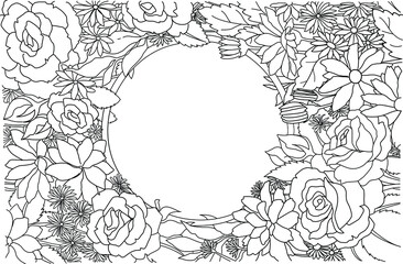 Black and white flower frame. illustration vector hand drawn.