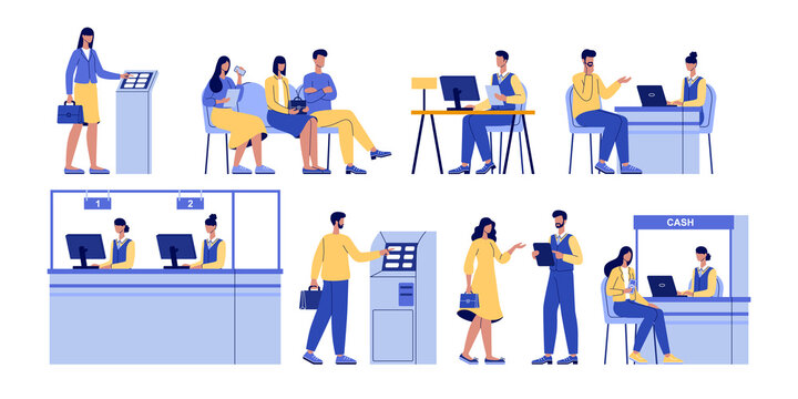 Bank Clients Service. Banking Office, Counter And Client Service. Cash Desk, Cashier Atm Professional Loan Consultant Vector Illustration