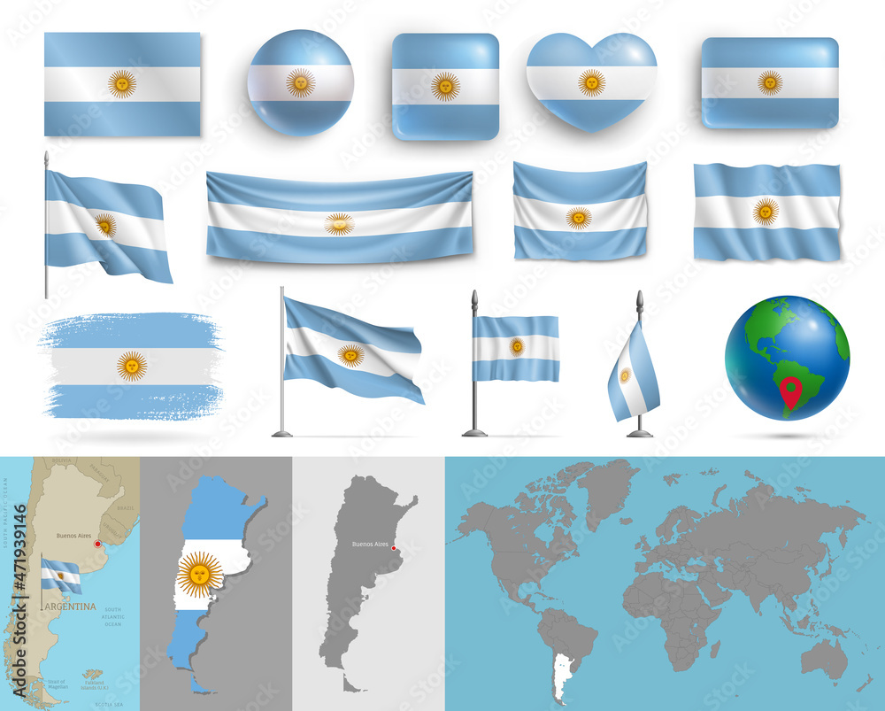 Wall mural argentina flags of various shapes and geographic map set. realistic argentinian flags, glossy button
