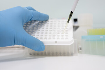 Selective focus pipette putting sample in the plate for taking immunochemistry and reagent bottle...
