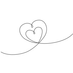 Continuous one line drawing of hearts. Black single line art isolated on white background. Minimalist illustration of love concept. Abstract love symbol for Valentines day. Vector illustration