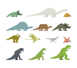 Dinosaur pixel art Set. Ancient animal. Diplodocus and Stegosaurus, Pterosaur. Ankylosaurus and triceratops. Styracosaurus and Iguanodon, Apatosaurus.