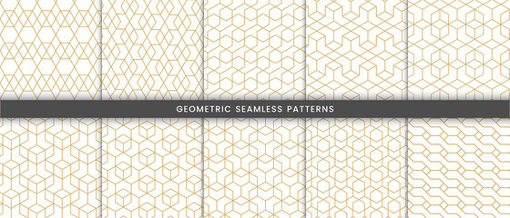  Set of geometric pattern polygonal shape. Seamless background with gold lines modern stylish