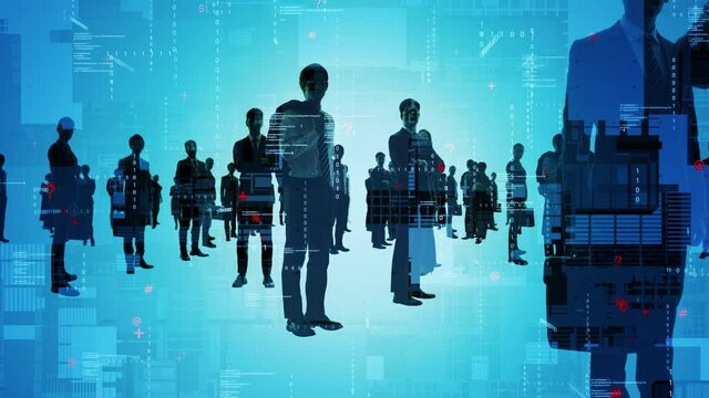 Silhouette of multinational people and communication network concept. Human resources. Technology of business.