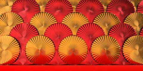 Blow hand fan orange pink yellow  golden  red background wallpaper decoration ornament chinese zodiac new year happy holiday vacation travel asia thailand hongkong taiwan korean country.3d render