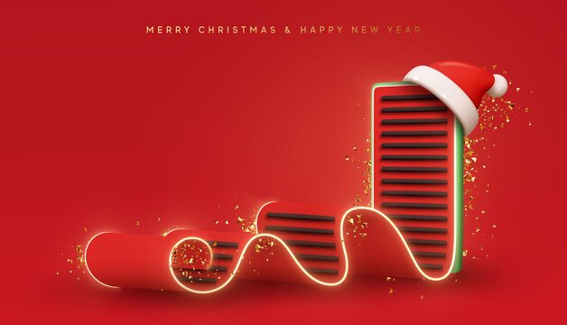 Christmas Creative concept. Realistic 3d design template mobile phone, red sheet with phone screen, letter to Santa Claus. Wishlist and purchases for new year. Xmas banner, advertising web poster.