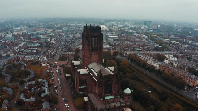 Aerial view of the Liverpool Cathedral or Cathedral Church of Christ of the Risen Christ on St James Mount in Liverpool, UK