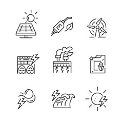 Sustainable energy generation and recycling. Alternative power sources. Solar, wind, hydrothermal, corn fuel. Pixel perfect, editable stroke icons