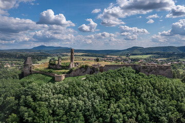 Fototapeta na wymiar Aerial view of medieval Nograd castle in Northern Hungary above the same name village once held by Turkish forces