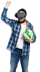 a man plays with a ball, put on augmented reality glasses, a computer game, without leaving home. isolated white background