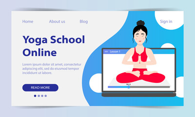 Yoga classes online. Landing page. Web site yoga school. A pretty Asian girl shows an asana. Yoga training via the Internet. Vector illustration.