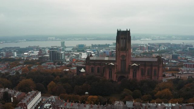 Aerial view of the Liverpool Cathedral or Cathedral Church of Christ of the Risen Christ on St James Mount in Liverpool, UK