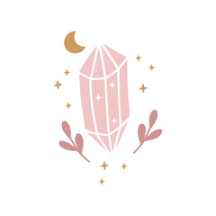 Magic celestial crystal with moon vector illustration. Witchcraft symbol gem. Magical t shirt print, boho poster. Hand drawn mystical alchemy concept. Trendy contemporary art.