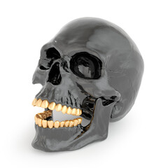 Black skull with black jaw on white background. 3D rendering 