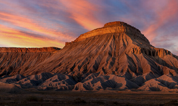 Mount Garfield in Grand Junction Colorado with dramatic sunset sky