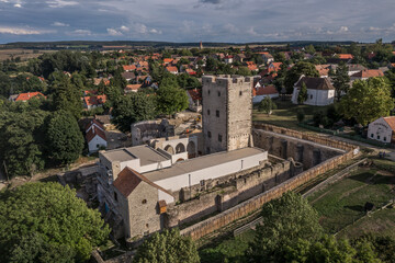 Fototapeta na wymiar Aerial view of medieval Nagyvazsony castle near the Lake Balaton in Veszprem county Hungary with emblematic donjon, barbican currently under renovation 