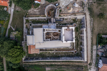 Aerial view of medieval Nagyvazsony castle near the Lake Balaton in Veszprem county Hungary with...