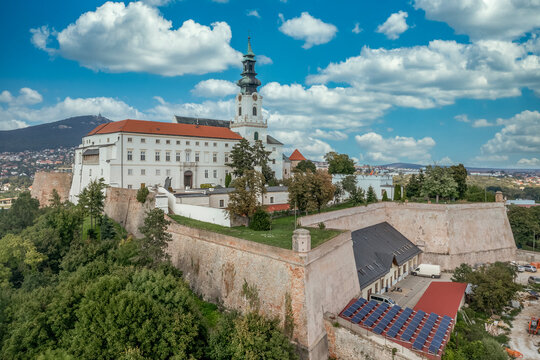 Aerial view of Nitra castle. The core of the castle is St. Emmeram's Cathedral with the Bishop's residence; the oldest surviving part is the Romanesque Church