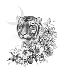 Monochrome Tiger with Wild Berries and Flowers