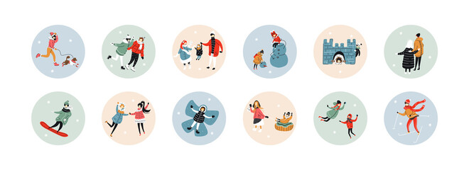 Set of round winter icons, on the theme of Christmas events, entertainment. Happy people perform winter activities. Christmas outdoors. Vector round social media stories for bloggers. Flat style.