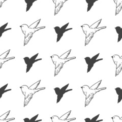 Abstract White Black Flying Sparrow Vector Graphic Silhouette Seamless Pattern