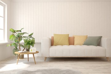 Stylish room in white color with sofa. Scandinavian interior design. 3D illustration