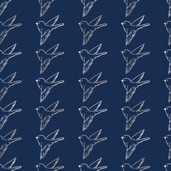 Vector Seamless Pattern with Flying Sparrow in the Night Line Art